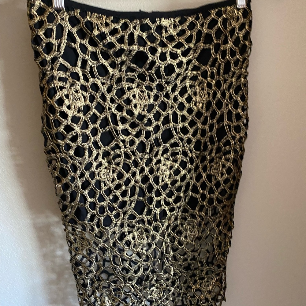 Black and Gold Lace Overlay Pencil Skirt